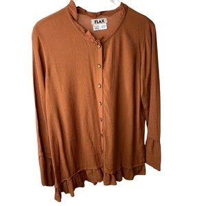 Flax Ruffle Brown Gauze Button Down Long Sleeve Peasant Blouse Small